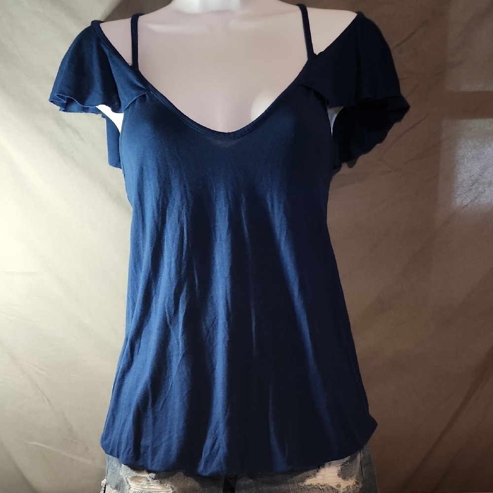 VENUS Blue Ruffled Flutter Sleeve Blouse